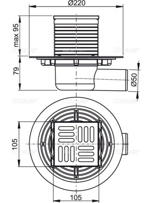 Alcaplast - Padlóösszefolyó 105×105/50 mm APV1321 - Fürdőszo