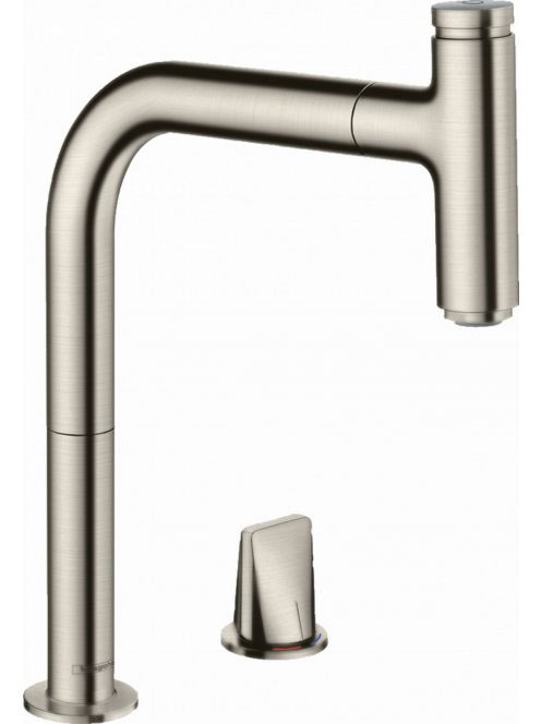 Hansgrohe Metris Select M71 2-lyukú rozsdamentes acél hatású konyhai csaptelep, kihúzható kifolyóval 73804800