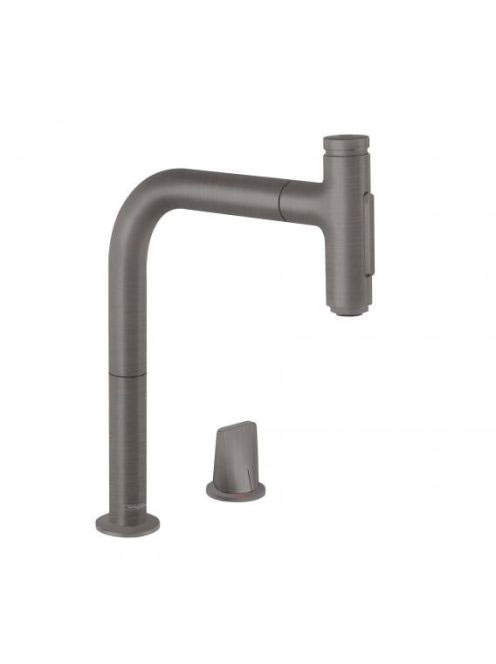 Hansgrohe Metris Select M71 2-lyukú szálcsiszolt fekete/króm konyhai csaptelep, kihúzható kifolyóval 73818340