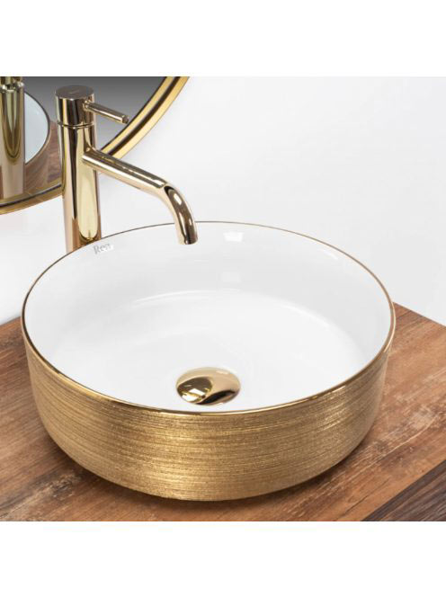 Rea Sami pultra tehető kerámia mosdótál 36x36 cm, fehér/aran