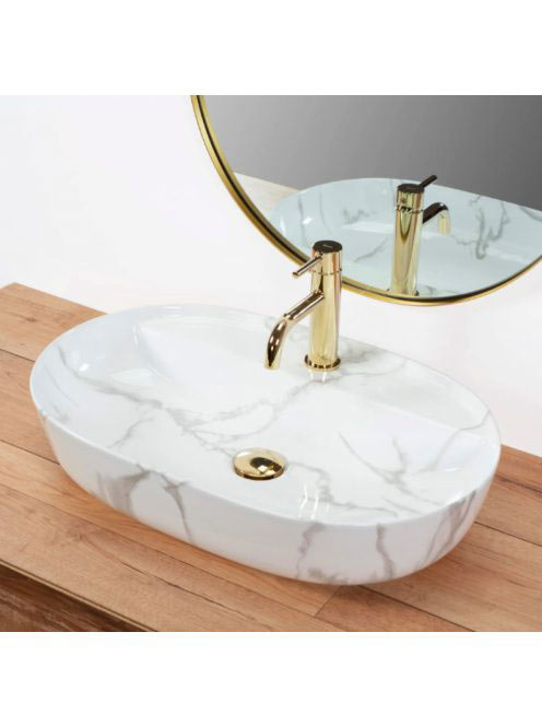 Rea Marmo pultra tehető kerámia mosdótál 61x41 cm, fehér kőm