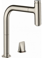 Hansgrohe Metris Select M71 2-lyukú rozsdamentes acél hatású konyhai csaptelep, kihúzható kifolyóval 73804800